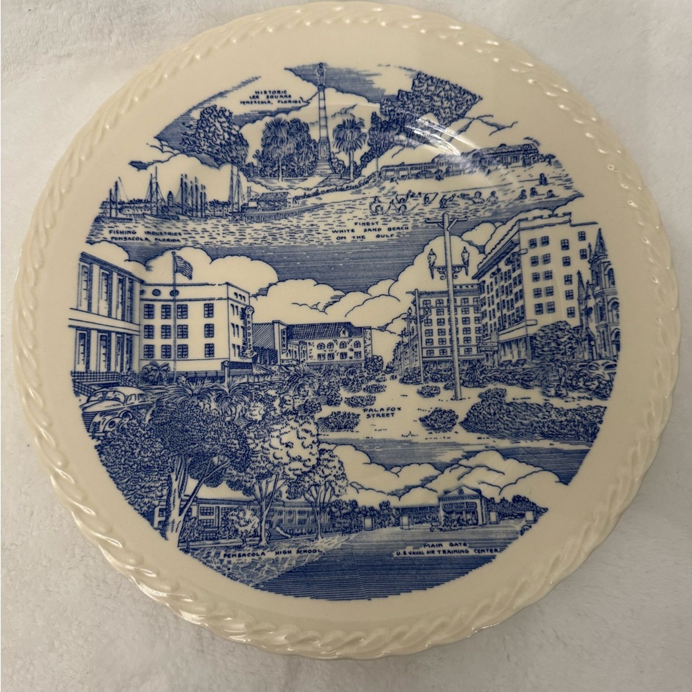 Vintage Vernon Kilns blue and cream decorative plate. Made in the USA